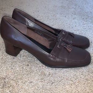 Etienne Aigner Block Heel Chivas Loafers Womens Size 10 Brown Leather Square Toe